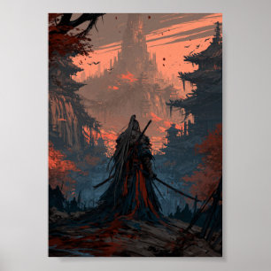 Affiche Voyageur Samouraï de Dark Fantasy Face à un Lointa