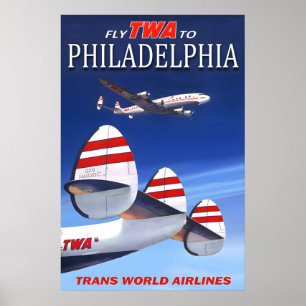 Affiche Voyagez TWA à Philadelphie Pennsylvanie Trans Worl