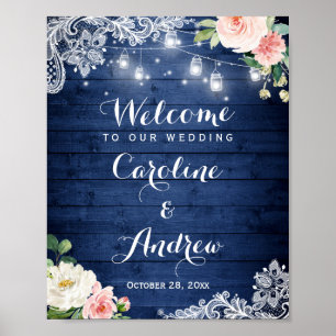 Affiche Voyants à cordes bleu rustique Dentelle Mariage fl