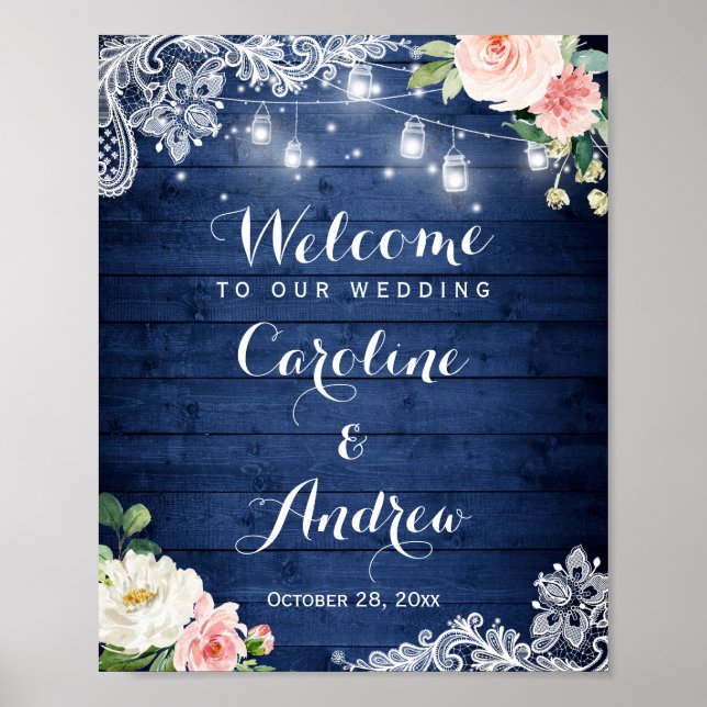 Affiche Voyants à cordes bleu rustique Dentelle Mariage fl (Devant)