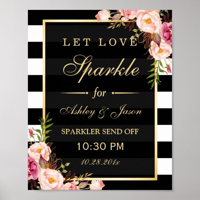 Affiche Voyez Love Sparkle Gold Floral Stripes Mariage Sig (Devant)