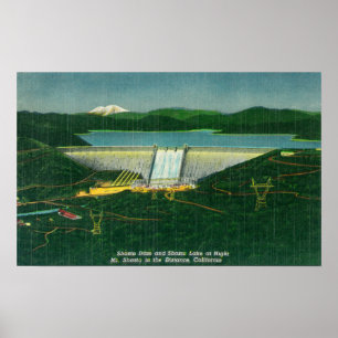 Affiche Vue aérienne du barrage de Shasta, lac, Montagne à