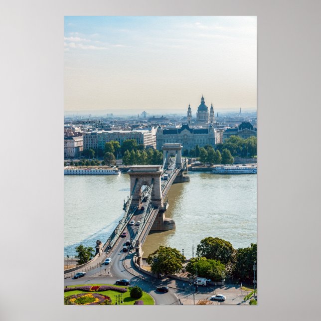 Affiche Vue aérienne du pont à chaînes - Budapest, Hongrie (Devant)