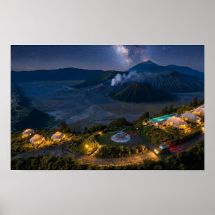 Affiche Vue aérienne nocturne du volcan du mont Bromo, déc