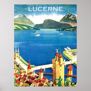 Affiche Vue aérienne, ville de Lucerne et un lac, Suisse