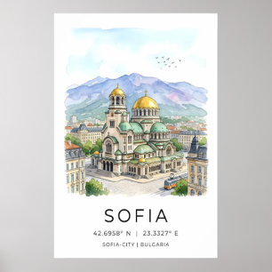 Affiche Vue aquarelle calme de la ville de Sofia - Jaune