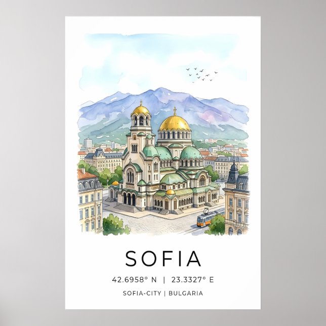 Affiche Vue aquarelle calme de la ville de Sofia - Jaune (Devant)