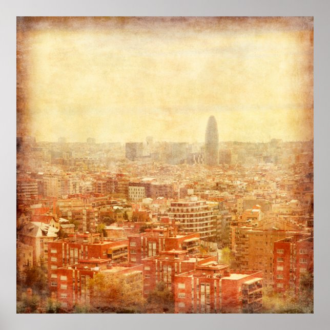 Affiche Vue de Barcelone en grunge et style rétro. barce (Devant)