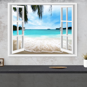 Affiche Vue de fenêtre 3D tranquille sur la mer et la plag