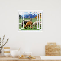 Vue de fenêtre avec montagnes et alpaca
