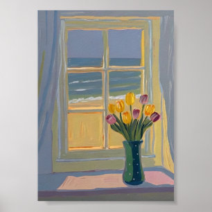 Affiche Vue de fenêtre côtière ensoleillée peinture à l'hu
