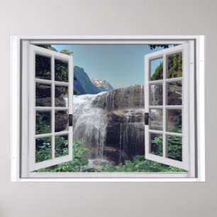 Affiche Vue de fenêtre factice de la montagne de la cascad