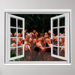 Affiche Vue de fenêtre factice Flamants roses 