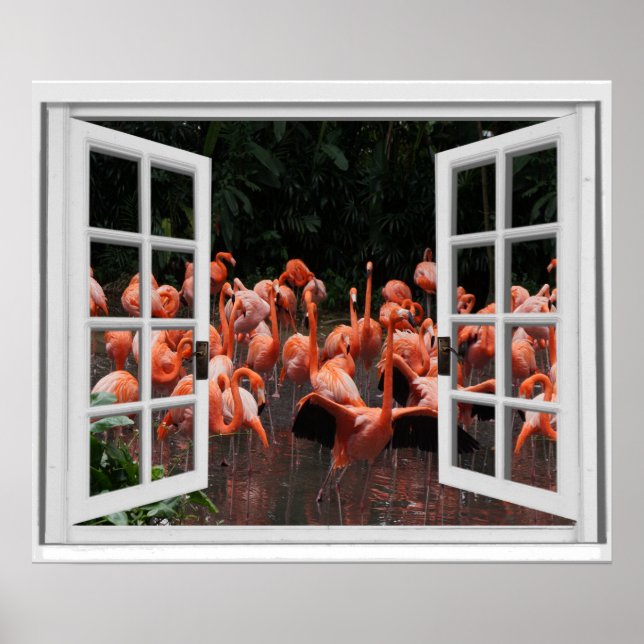 Affiche Vue de fenêtre factice Flamants roses  (Devant)