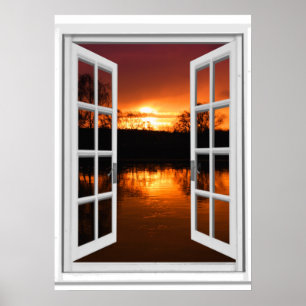 Affiche Vue de fenêtre fausse sur coucher de soleil