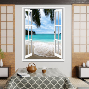 Affiche Vue de fenêtre tropicale 3D et plage