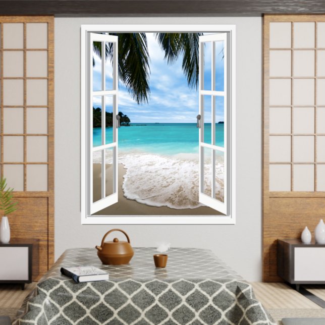 Affiche Vue de fenêtre tropicale 3D et plage (Créateur téléchargé)