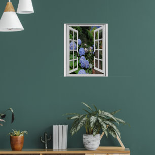 Affiche Vue de jardin d'hortensias Fausse fenêtre