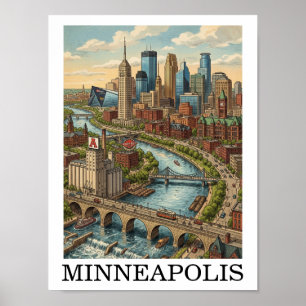 Affiche Vue de la skyline de Minneapolis Minnesota vintage