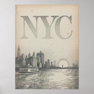 Affiche Vue de la skyline de NYC depuis un ferry avec l'Em