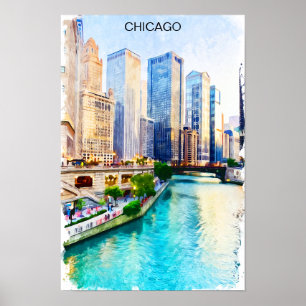 Affiche Vue de la ville de Chicago Illinois à l'aquarelle