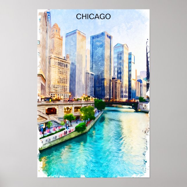 Affiche Vue de la ville de Chicago Illinois à l'aquarelle (Devant)