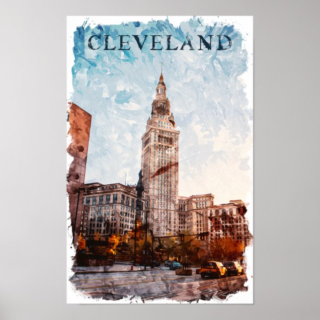 Affiche Vue de la ville de Cleveland Ohio Watercolor (Devant)