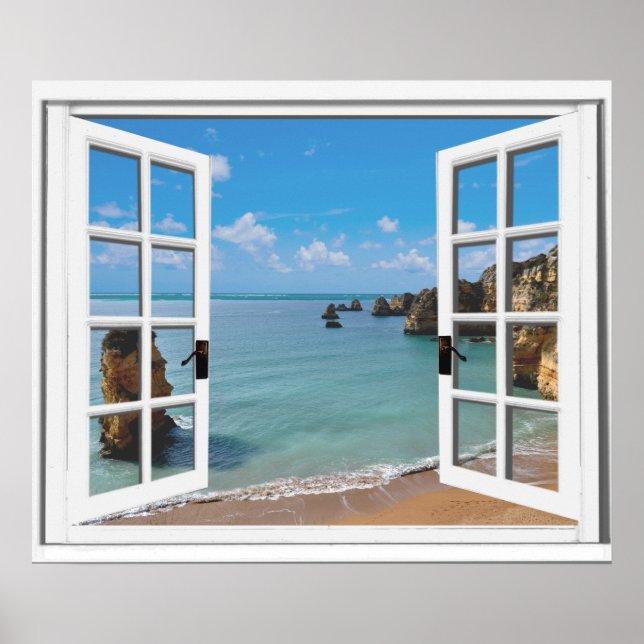 Affiche Vue de l'océan de la plage relaxante Fausse fenêtr (Devant)