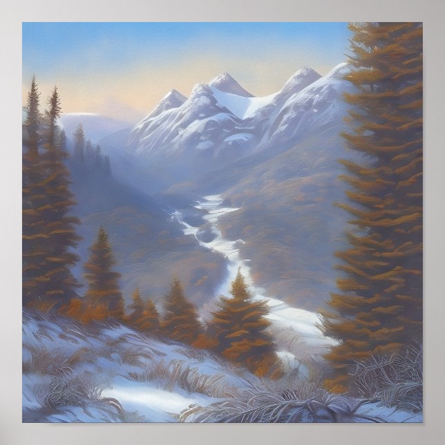 Affiche Vue d'un sommet de montagne enneigé (Devant)