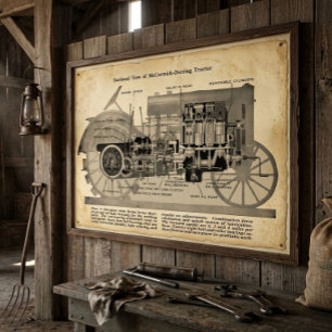 Affiche Vue en coupe de 1913 d'un tracteur vintage