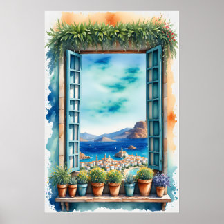 Affiche Vue méditerranéenne de fenêtre aquarelle Ville côt