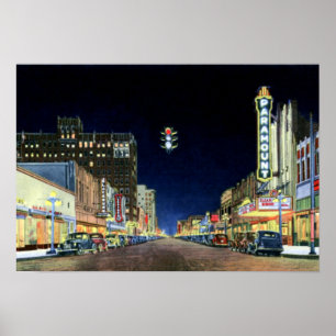 Affiche Vue nocturne d'Amarillo Texas Polk Street 1940