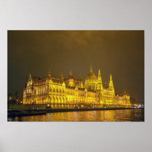 Affiche Vue nocturne, Parlement hongrois, Budapest Hongrie