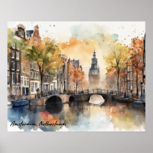 Affiche Vue panoramique d'Amsterdam Pays-Bas Watercolor