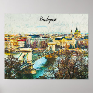Affiche Vue panoramique de la peinture à l'huile de Budape