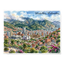 Vue panoramique de Medellín, Colombie, art aquarel