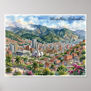 Affiche Vue panoramique de Medellín, Colombie, art aquarel