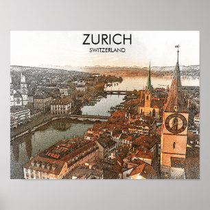 Affiche Vue panoramique de Zurich Suisse