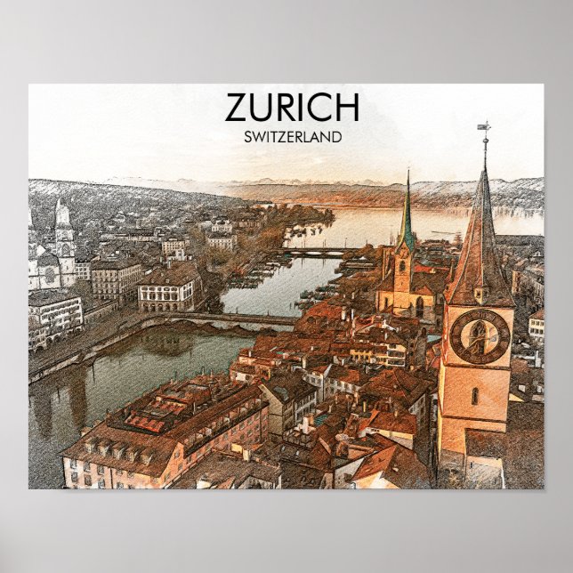 Affiche Vue panoramique de Zurich Suisse (Devant)