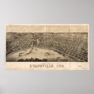 Affiche Vue panoramique d'Evansville, Indiana (1880)