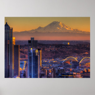 Affiche Vue panoramique du centre-ville de Seattle, footba