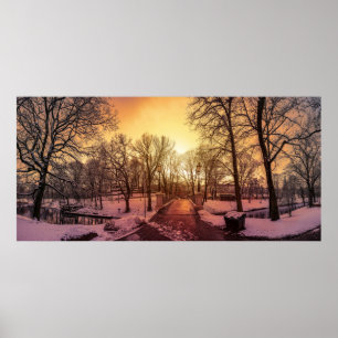 Affiche Vue panoramique du parc enneigé au coucher du sole