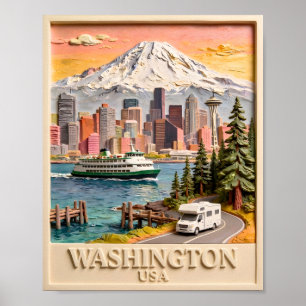 Affiche Vue panoramique texturée de la ville de Seattle, W