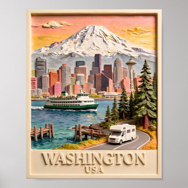 Affiche Vue panoramique texturée de la ville de Seattle, W (Devant)