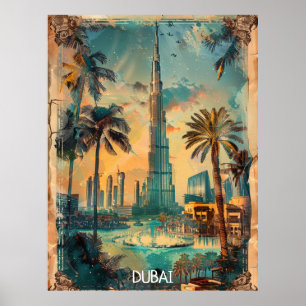 Affiche Vue panoramique vintage de Dubaï et Burj Khalifa