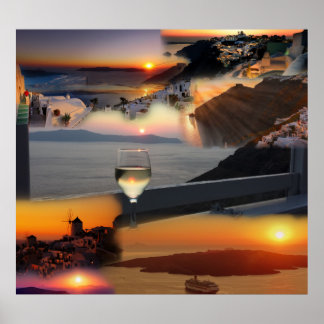 Affiche Vue romantique du coucher de soleil de Santorin
