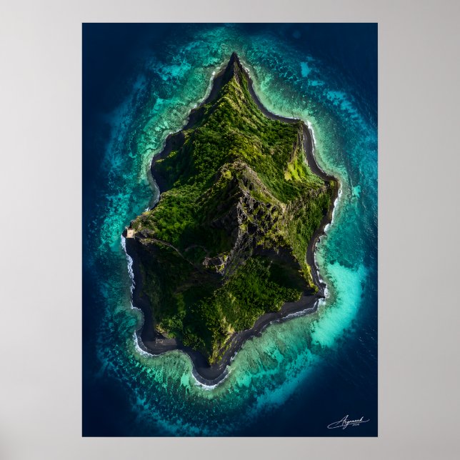 Affiche Vue satellite d'une île volcanique aux sables noir (Devant)