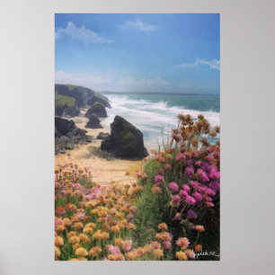 Affiche Vue sur la falaise de la plage avec des fleurs,