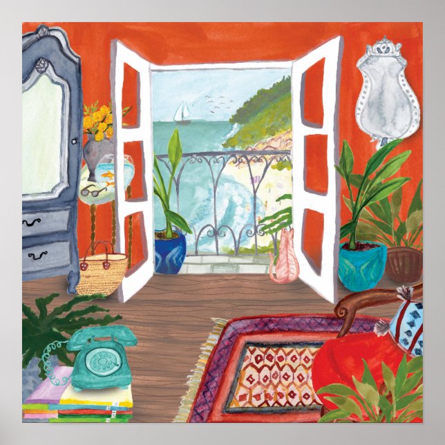 Affiche Vue sur la mer Appartement intérieur aquarelle Art (Devant)