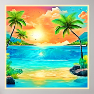 Affiche Vue sur la plage Tropical Sunset Paradise